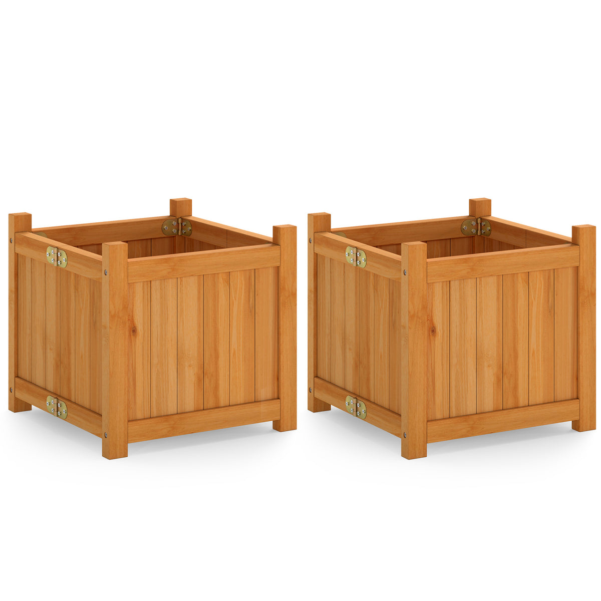 Folding Square Fir Wood Raised Garden Bed with Removable Bottom Set of 2-Brown