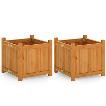 Folding Square Fir Wood Raised Garden Bed with Removable Bottom Set of 2-Brown