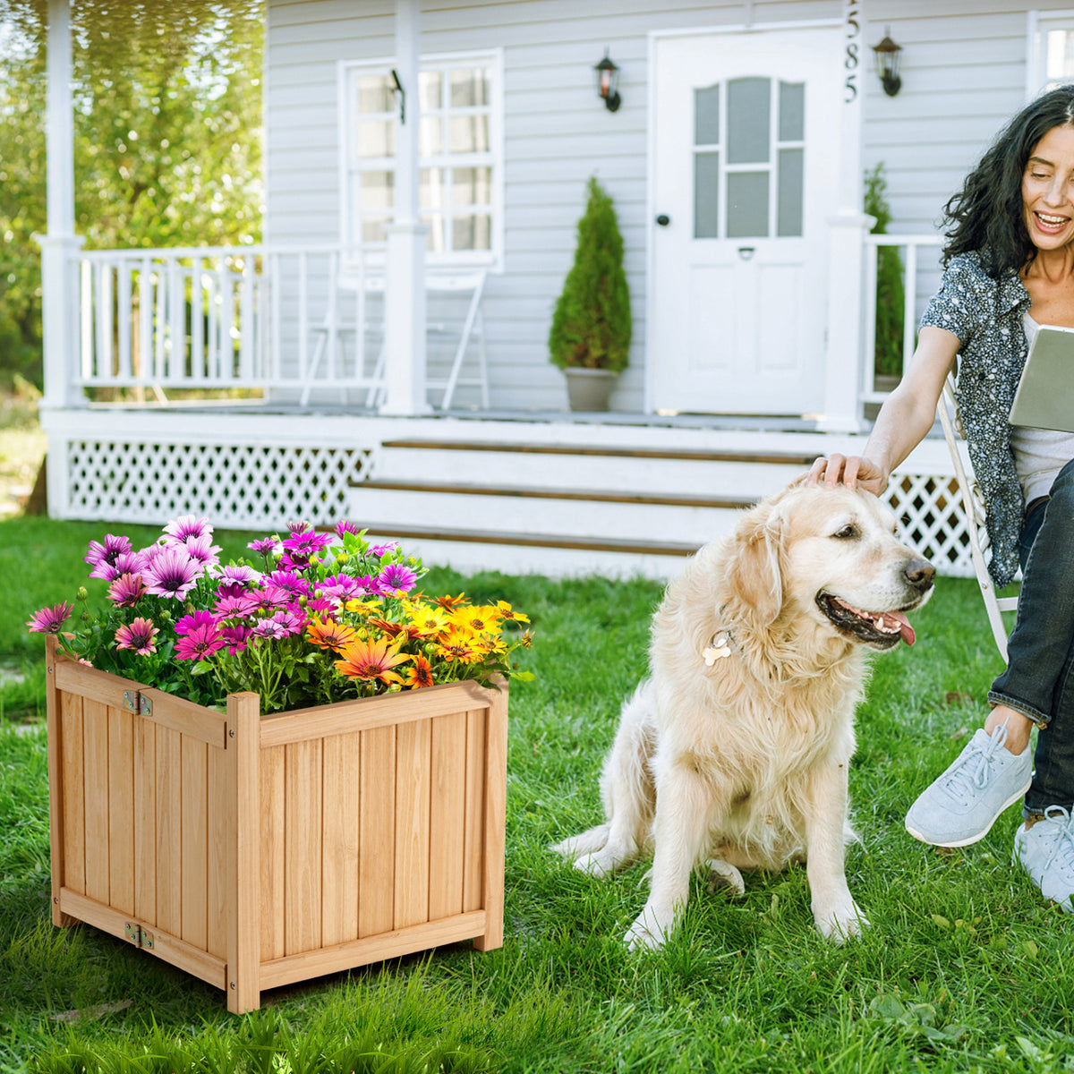 Folding Square Fir Wood Raised Garden Bed with Removable Bottom-Brown