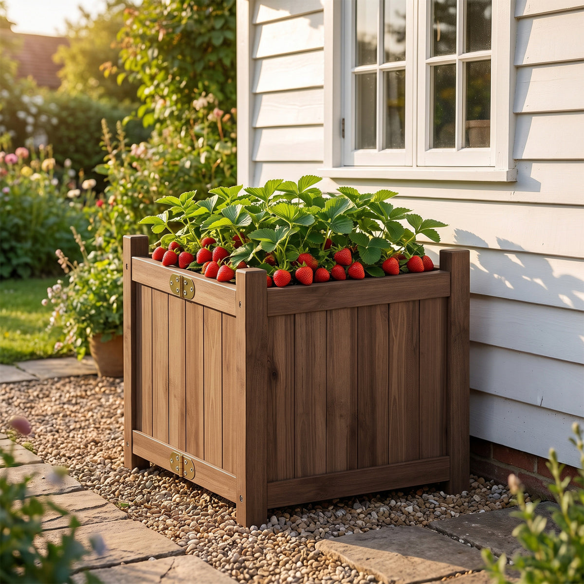 Folding Square Fir Wood Raised Garden Bed with Removable Bottom-Brown