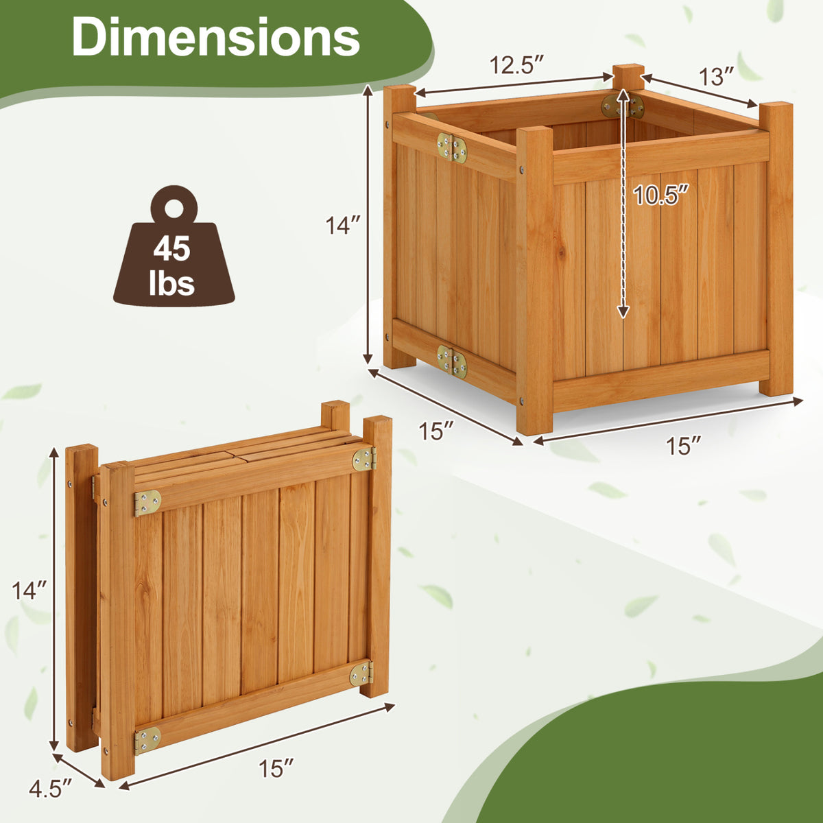 Folding Square Fir Wood Raised Garden Bed with Removable Bottom-Brown