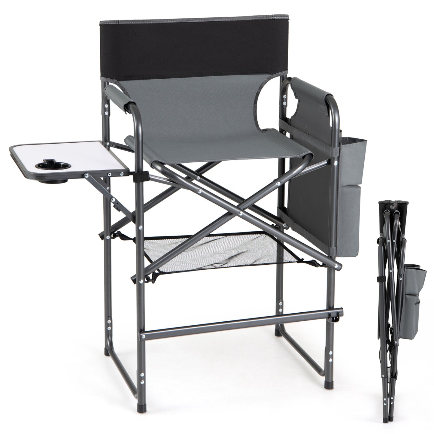 Gray folding tall director camping chair with side table, 26-inch seat height, portable outdoor camping furniture by Wilsons Home Store