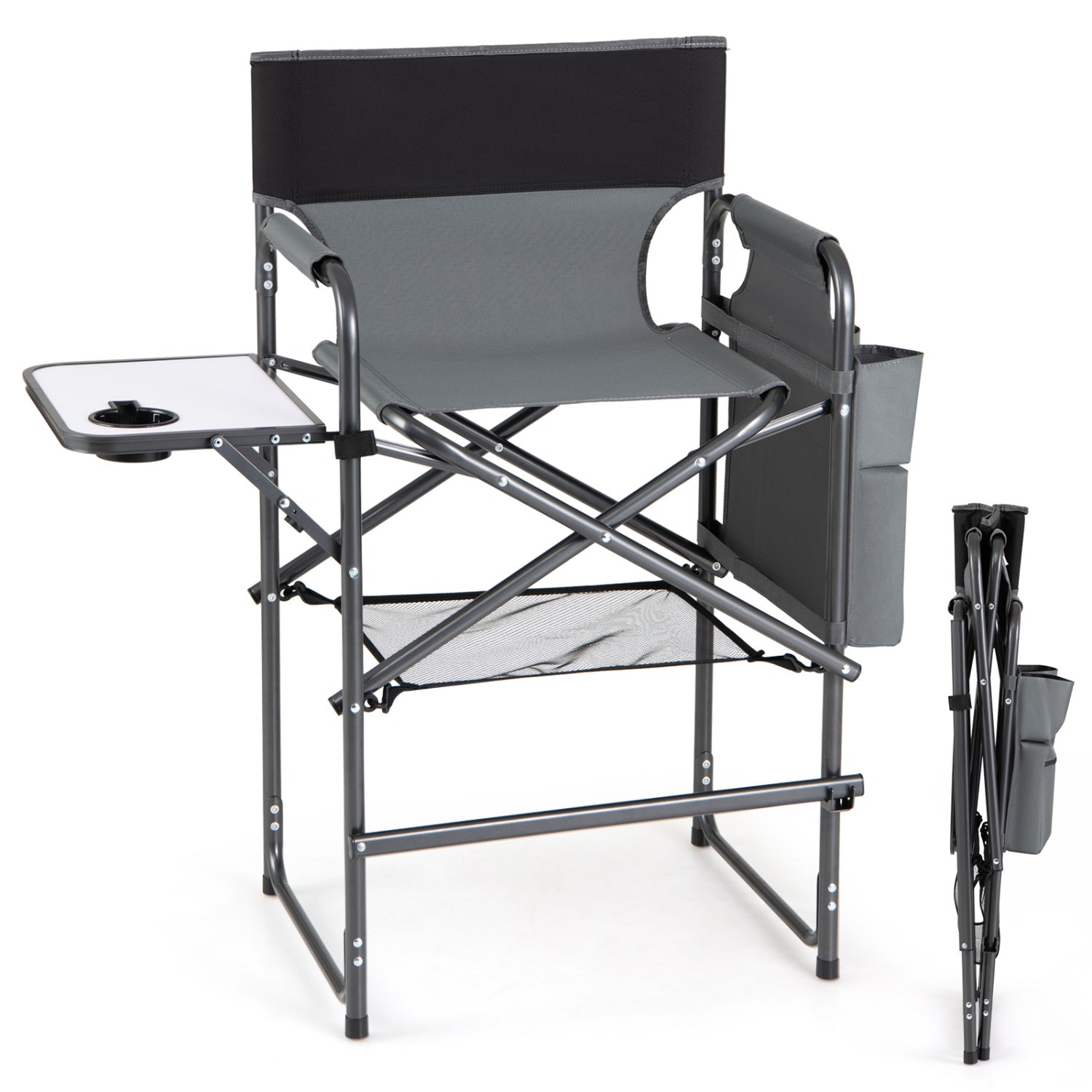 Gray folding tall director camping chair with side table, 26-inch seat height, portable outdoor camping furniture by Wilsons Home Store