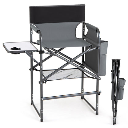 Gray folding tall director camping chair with side table, 26-inch seat height, portable outdoor camping furniture by Wilsons Home Store