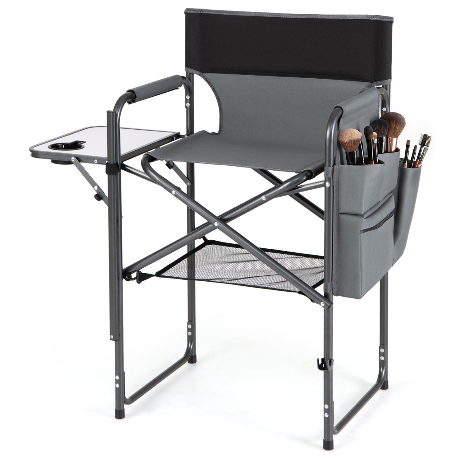Gray folding tall director chair with 26-inch seat height and side table, portable camping furniture for outdoor use.