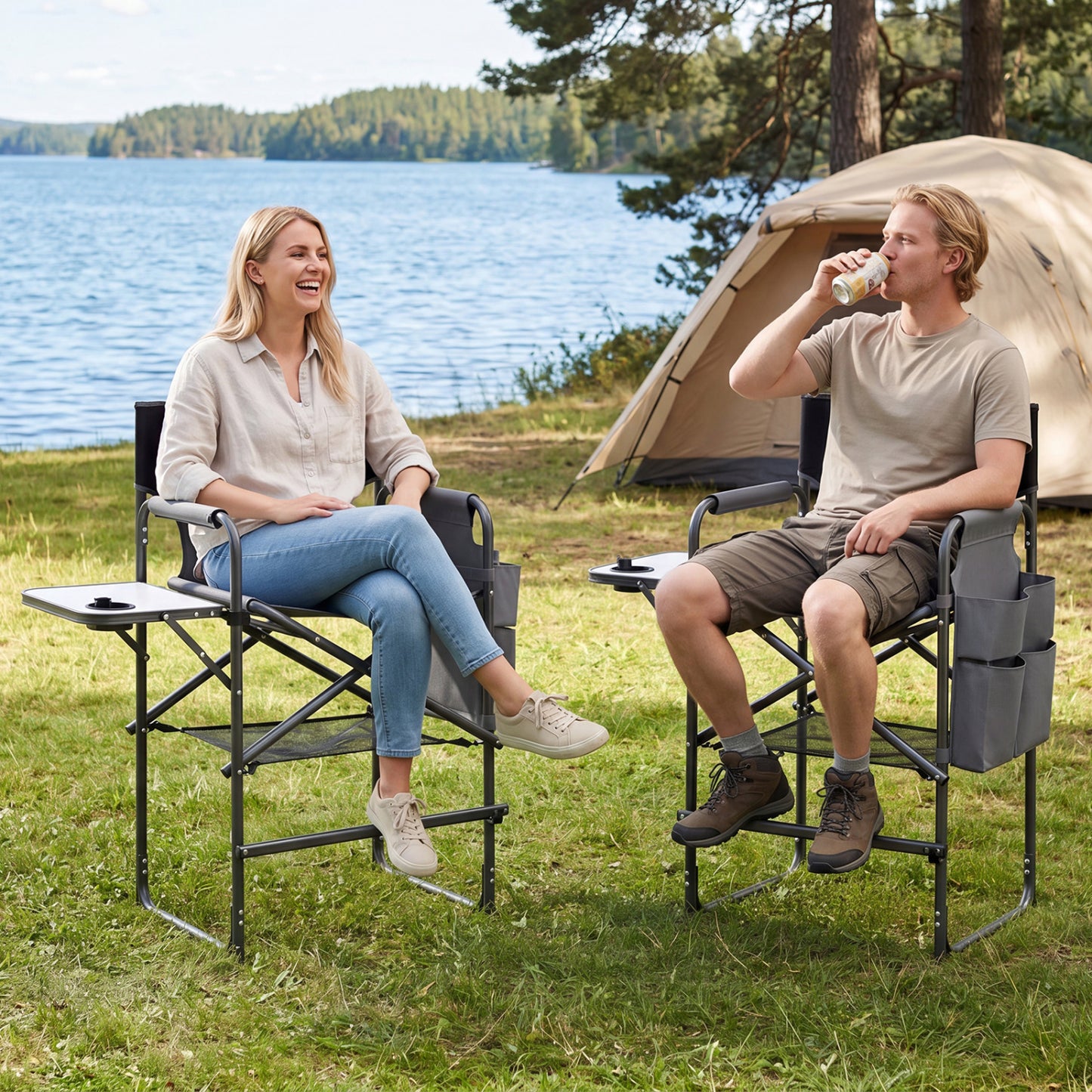Gray folding tall director camping chair with side table, 26-inch seat height, portable outdoor camping furniture.