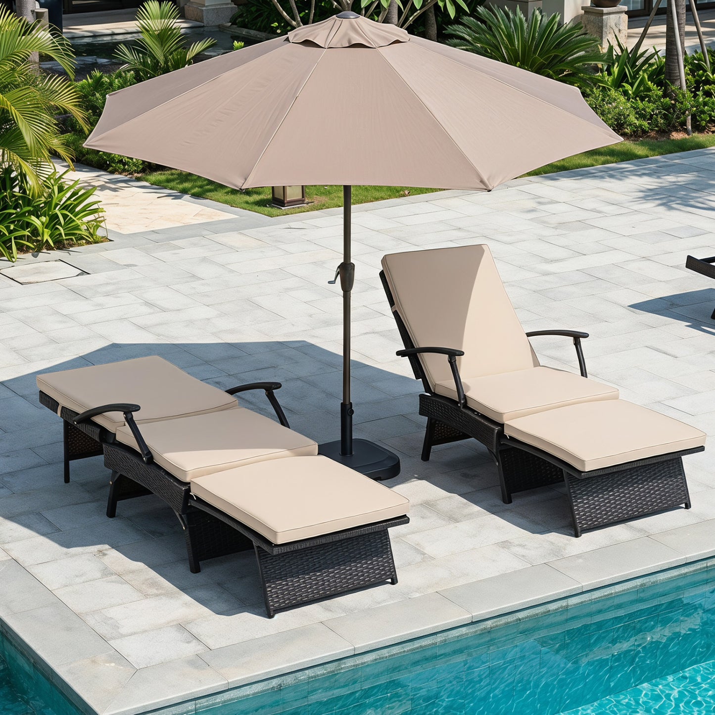Folding Wicker Chaise Lounge with Slide-Out Ottoman11-Level Adjustable Backrest to Flat and Sun-Proof PE Rattan-Black