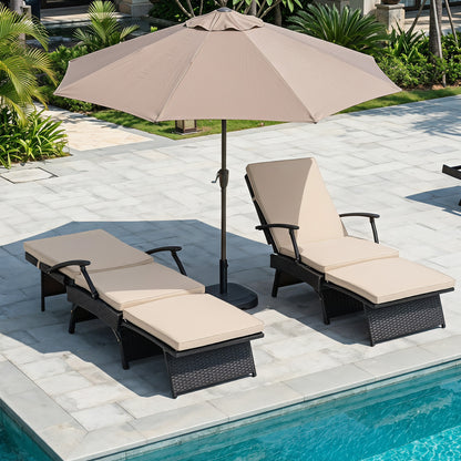 Folding Wicker Chaise Lounge with Slide-Out Ottoman11-Level Adjustable Backrest to Flat and Sun-Proof PE Rattan-Black