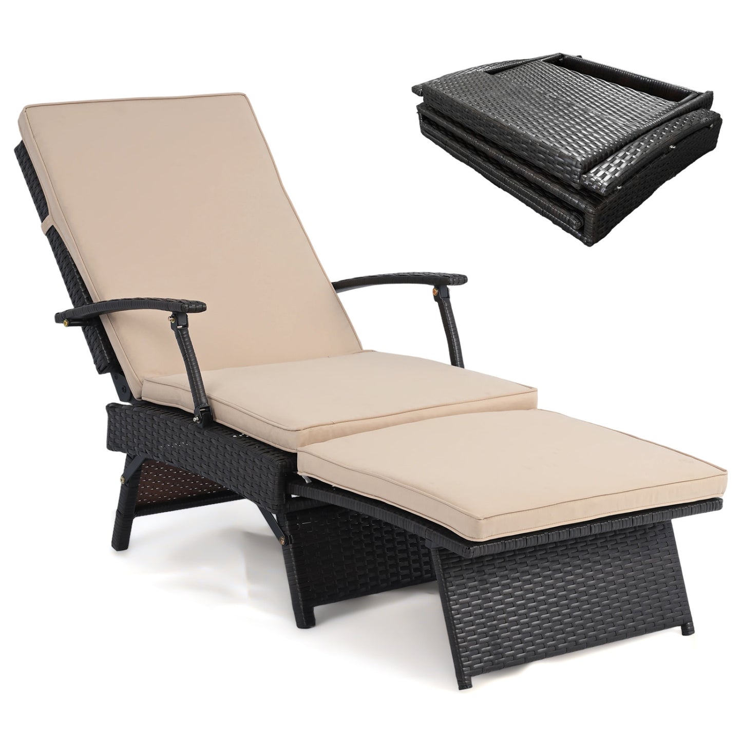 Folding Wicker Chaise Lounge with Slide-Out Ottoman11-Level Adjustable Backrest to Flat and Sun-Proof PE Rattan-Black
