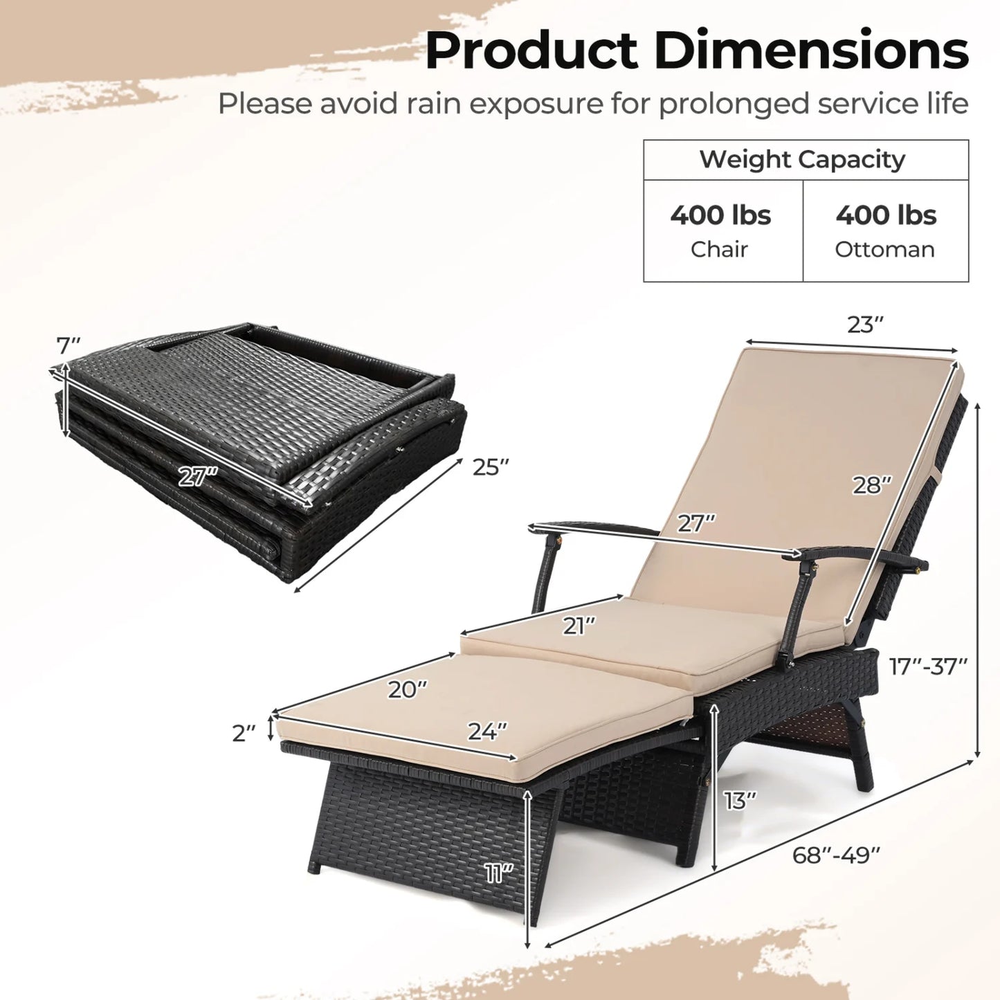 Folding Wicker Chaise Lounge with Slide-Out Ottoman11-Level Adjustable Backrest to Flat and Sun-Proof PE Rattan-Black