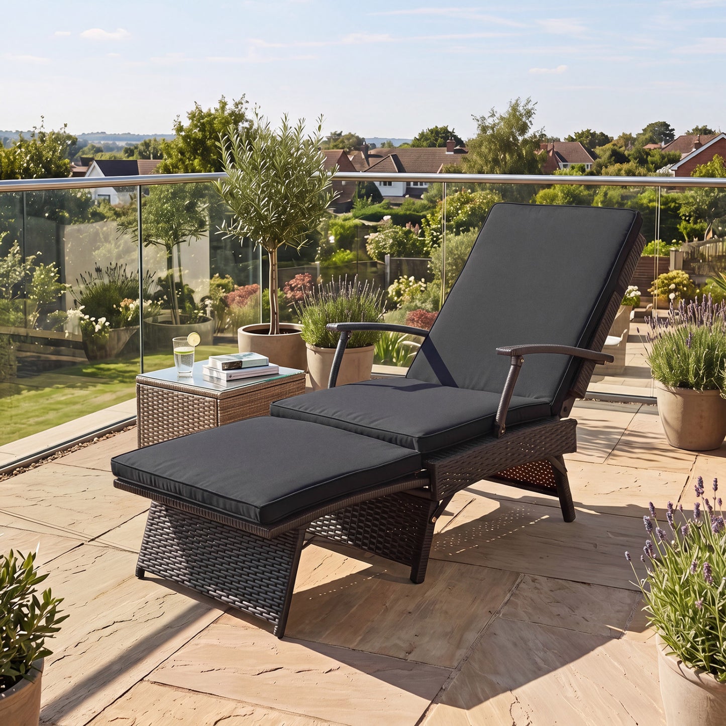 Folding Wicker Chaise Lounge with Slide-Out Ottoman11-Level Adjustable Backrest to Flat and Sun-Proof PE Rattan-Black