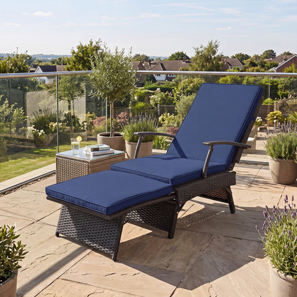 Folding Wicker Chaise Lounge with Slide-Out Ottoman11-Level Adjustable Backrest to Flat and Sun-Proof PE Rattan-Black