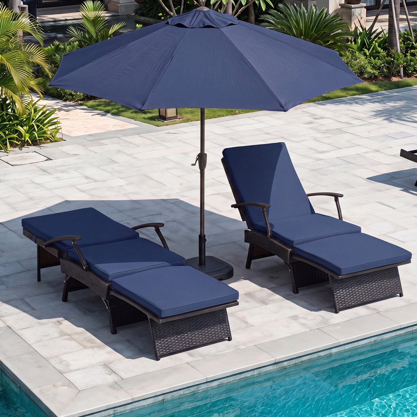 Folding Wicker Chaise Lounge with Slide-Out Ottoman11-Level Adjustable Backrest to Flat and Sun-Proof PE Rattan-Black