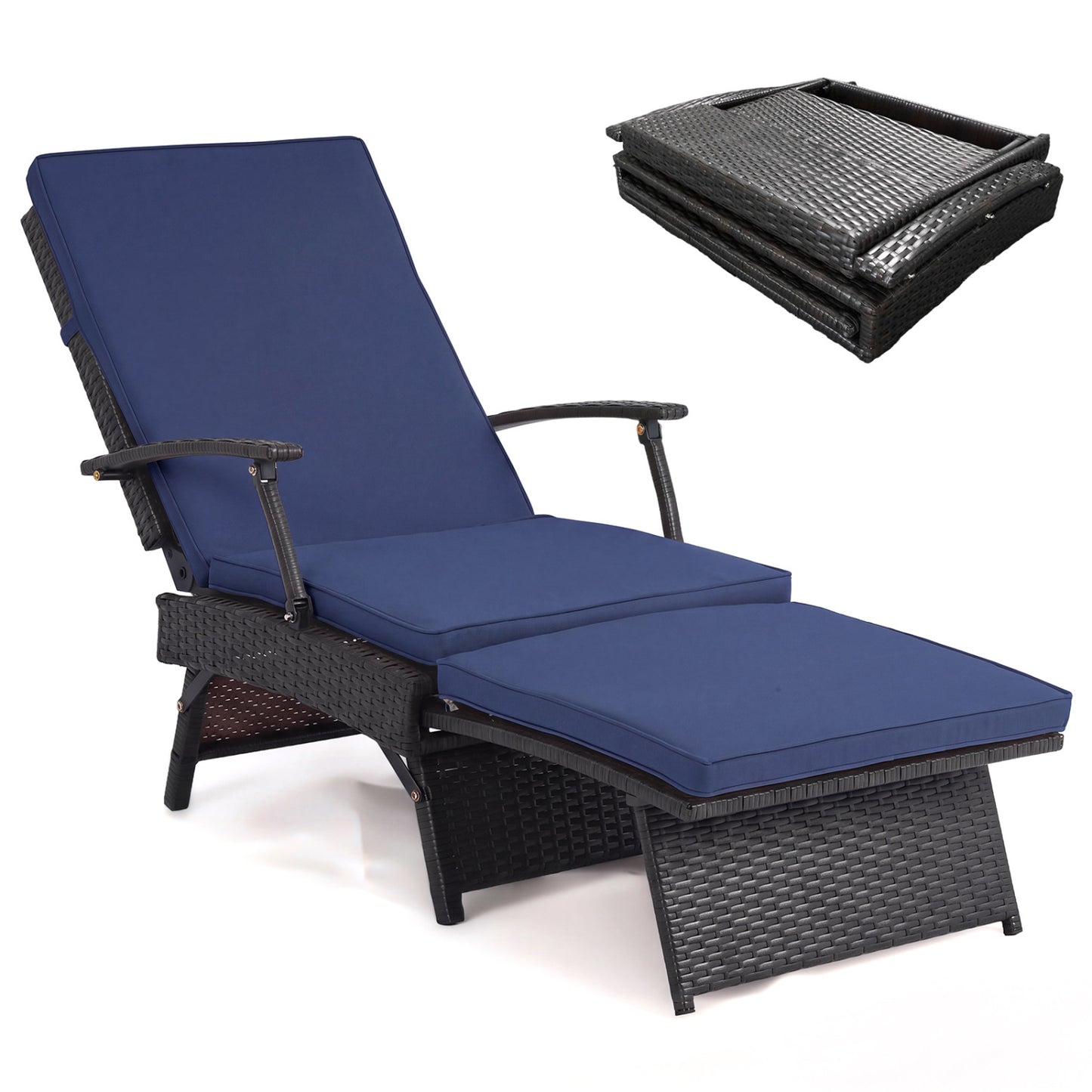 Folding Wicker Chaise Lounge with Slide-Out Ottoman11-Level Adjustable Backrest to Flat and Sun-Proof PE Rattan-Black
