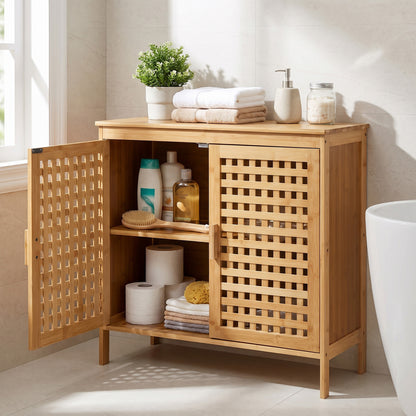 Freestanding Bamboo Bathroom Storage Cabinet with Wide Top and 2 Doors-Natural