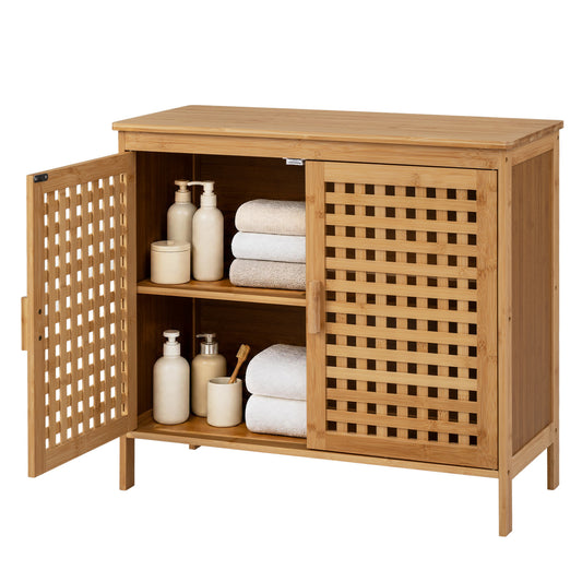 Freestanding bamboo bathroom storage cabinet with wide top and two doors, natural wood finish, for organized bathroom storage.