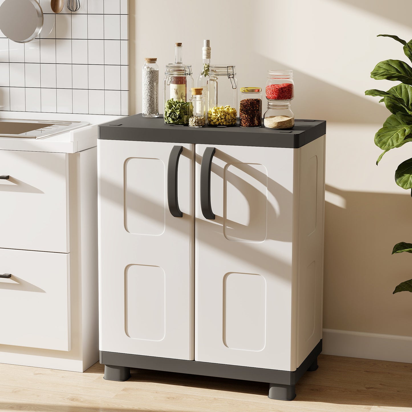 Freestanding Buffet Cabinet Sideboard with 2 Doors and Adjustable Shelves for Kitchen and Garage-Beige