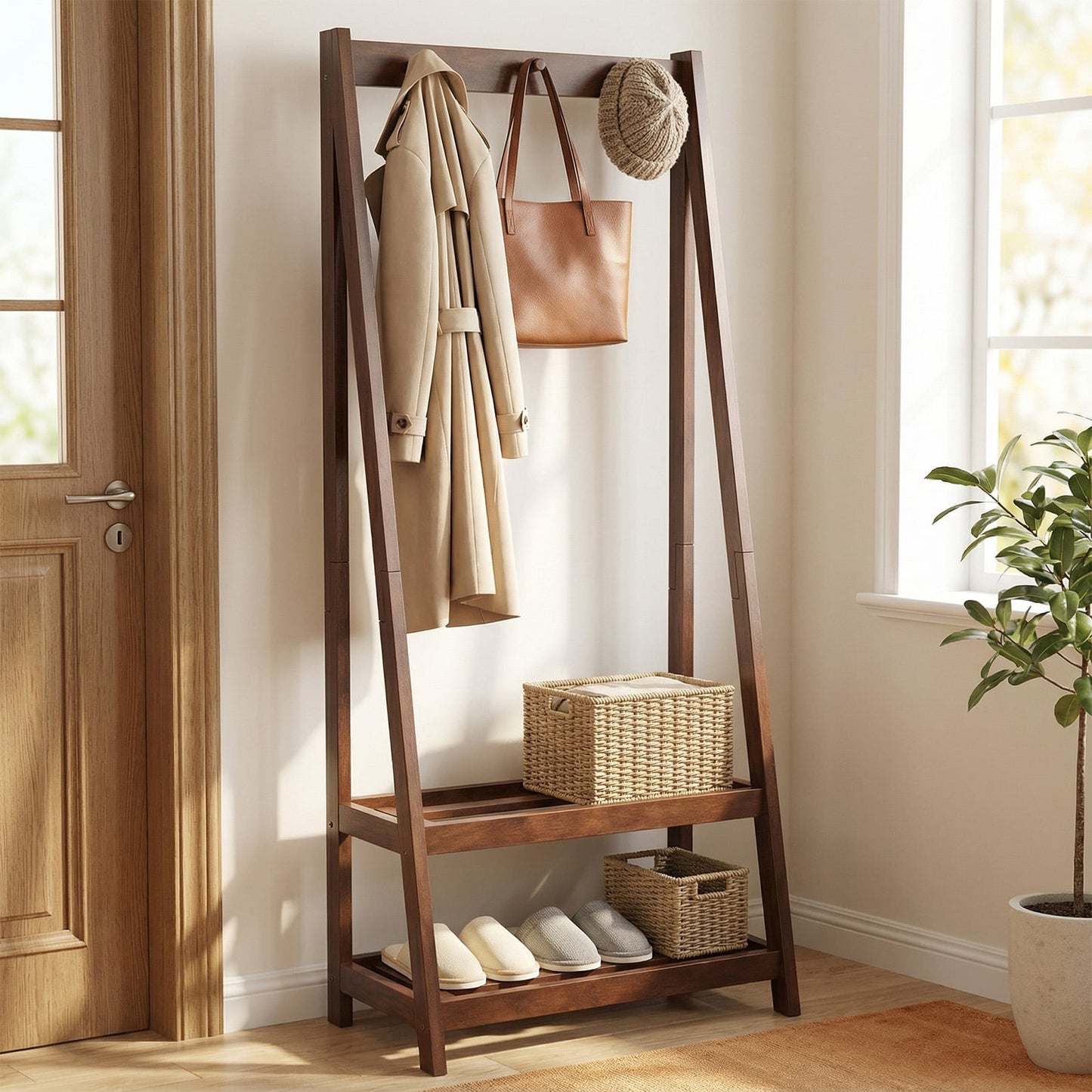 Freestanding Clothes Rack with 3 Hooks and 2 Shelves-Walnut