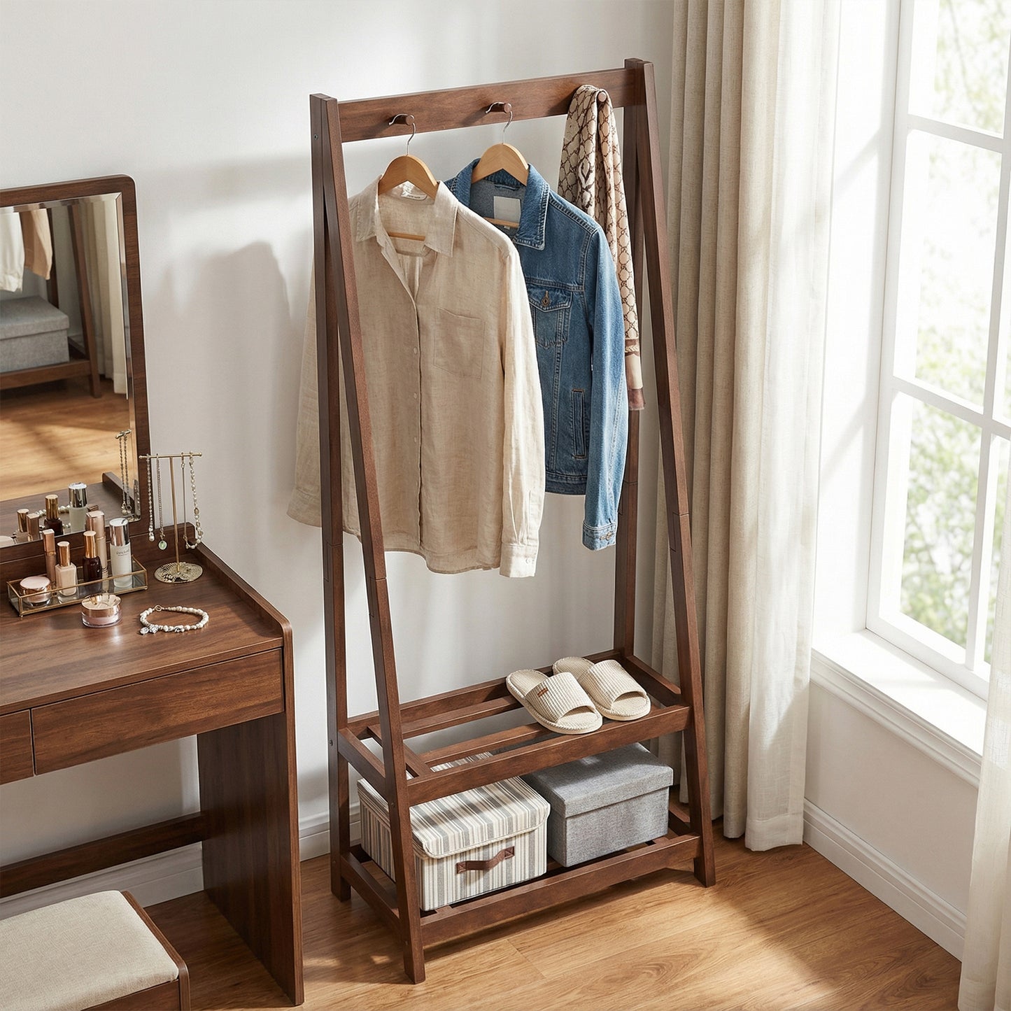 Freestanding Clothes Rack with 3 Hooks and 2 Shelves-Walnut