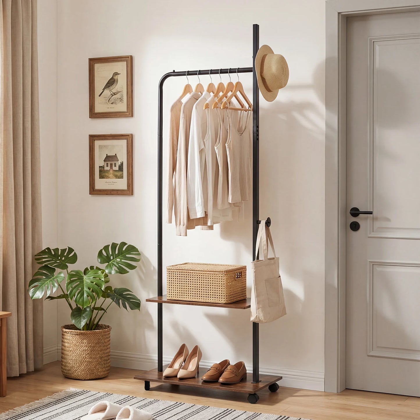 Freestanding Clothing Rack with Wheels and Storage Shelves for Entryway and Bedroom-Rustic Brown