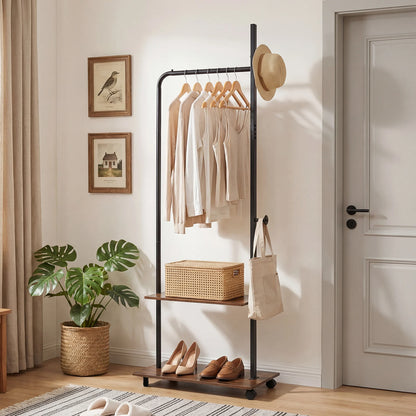 Freestanding Clothing Rack with Wheels and Storage Shelves for Entryway and Bedroom-Rustic Brown
