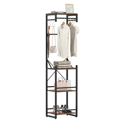 Freestanding Coat Rack with 4 Storage Shelves and 6 Hooks-Rustic Brown