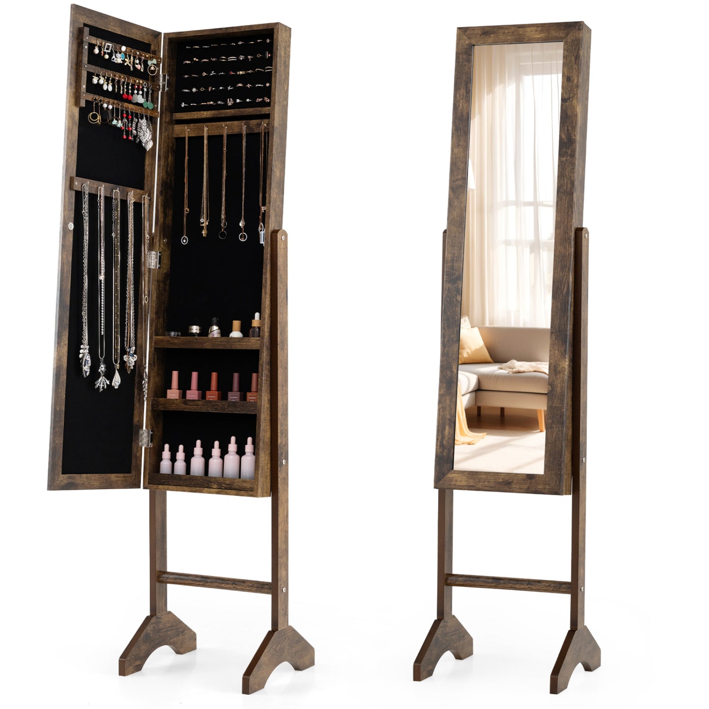 Black freestanding jewelry armoire with velvet-lined interior and full-length mirror, ideal bedroom furniture for jewelry storage
