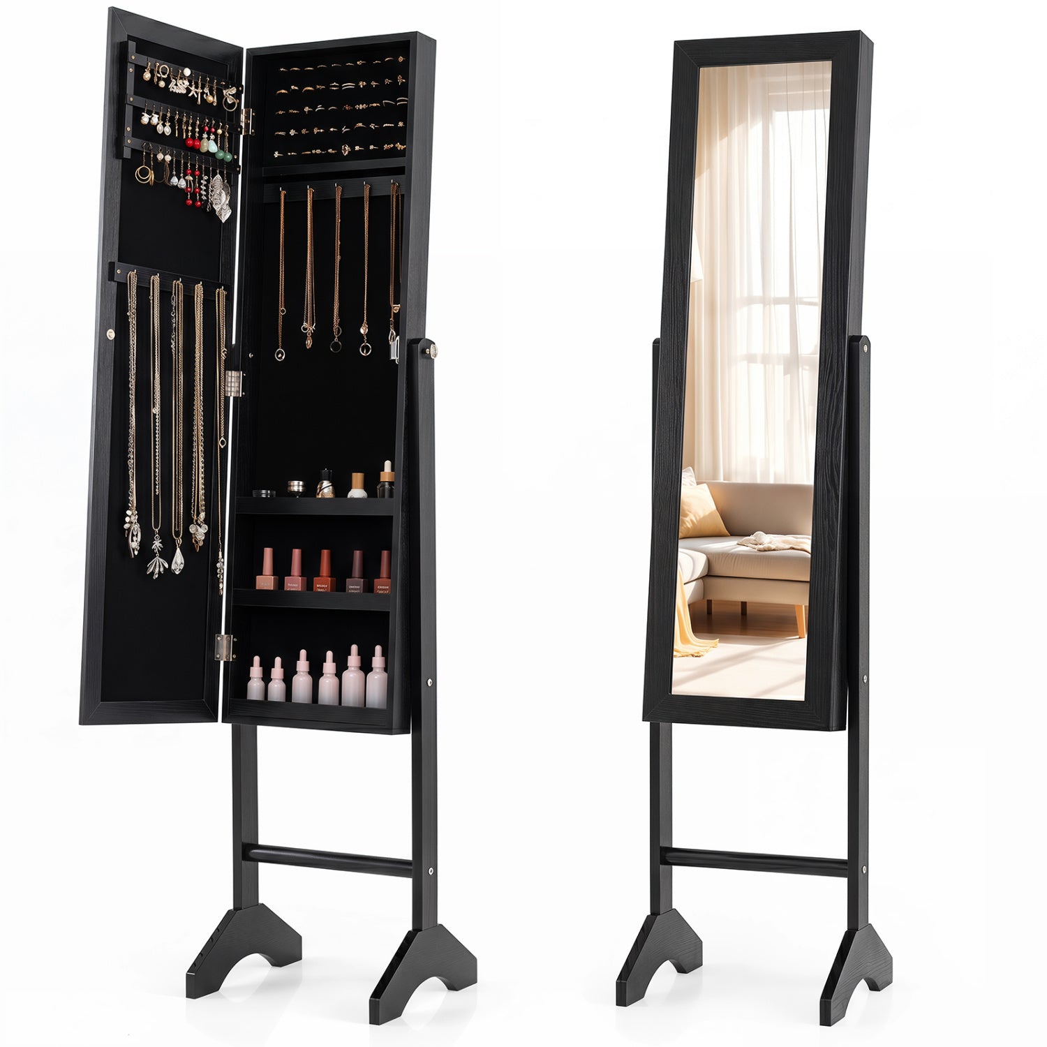 Black freestanding jewelry armoire with velvet-lined interior and full-length mirror, designed for bedroom storage and organization.