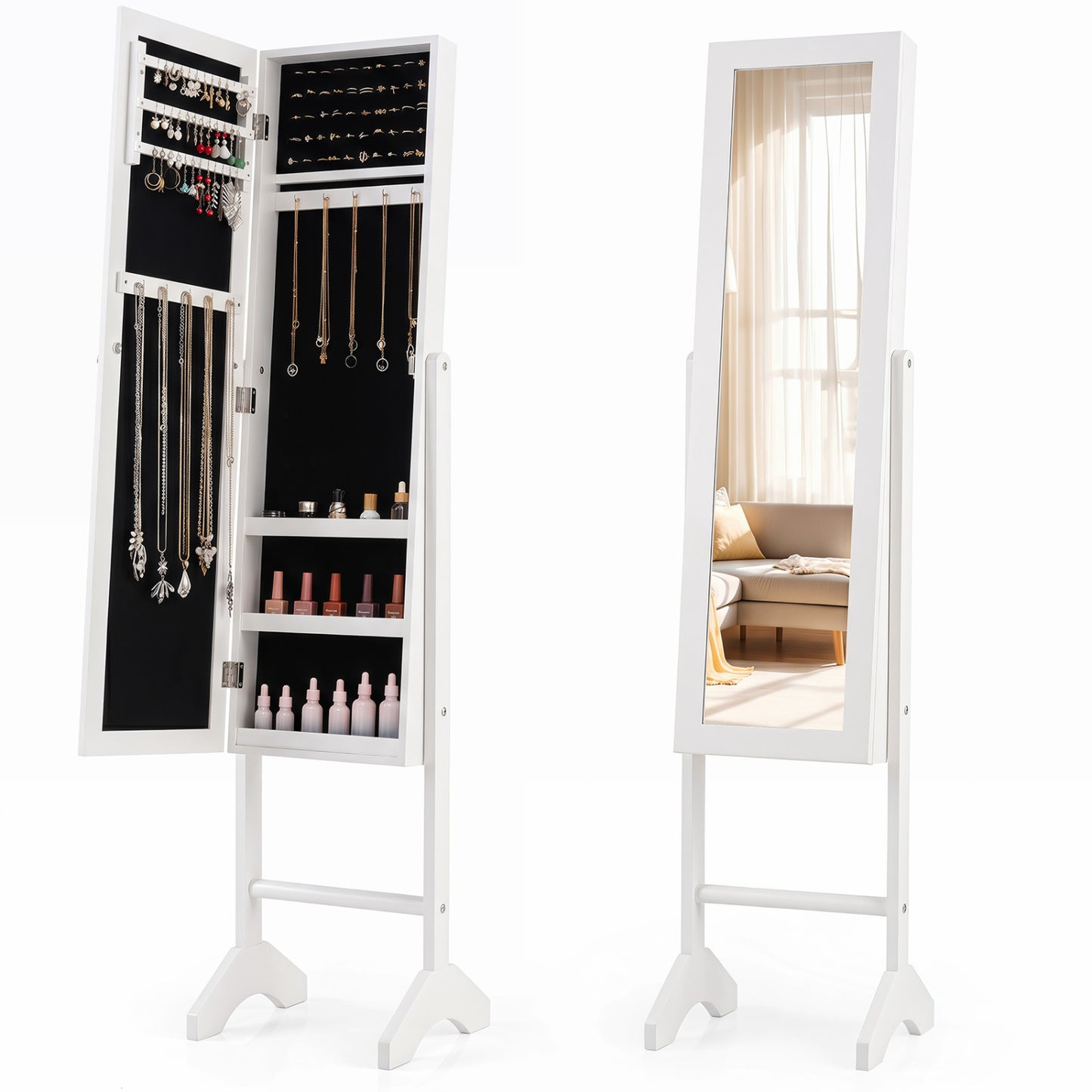 Black freestanding jewelry armoire with velvet lining and full-length mirror, perfect for bedroom storage and organization.