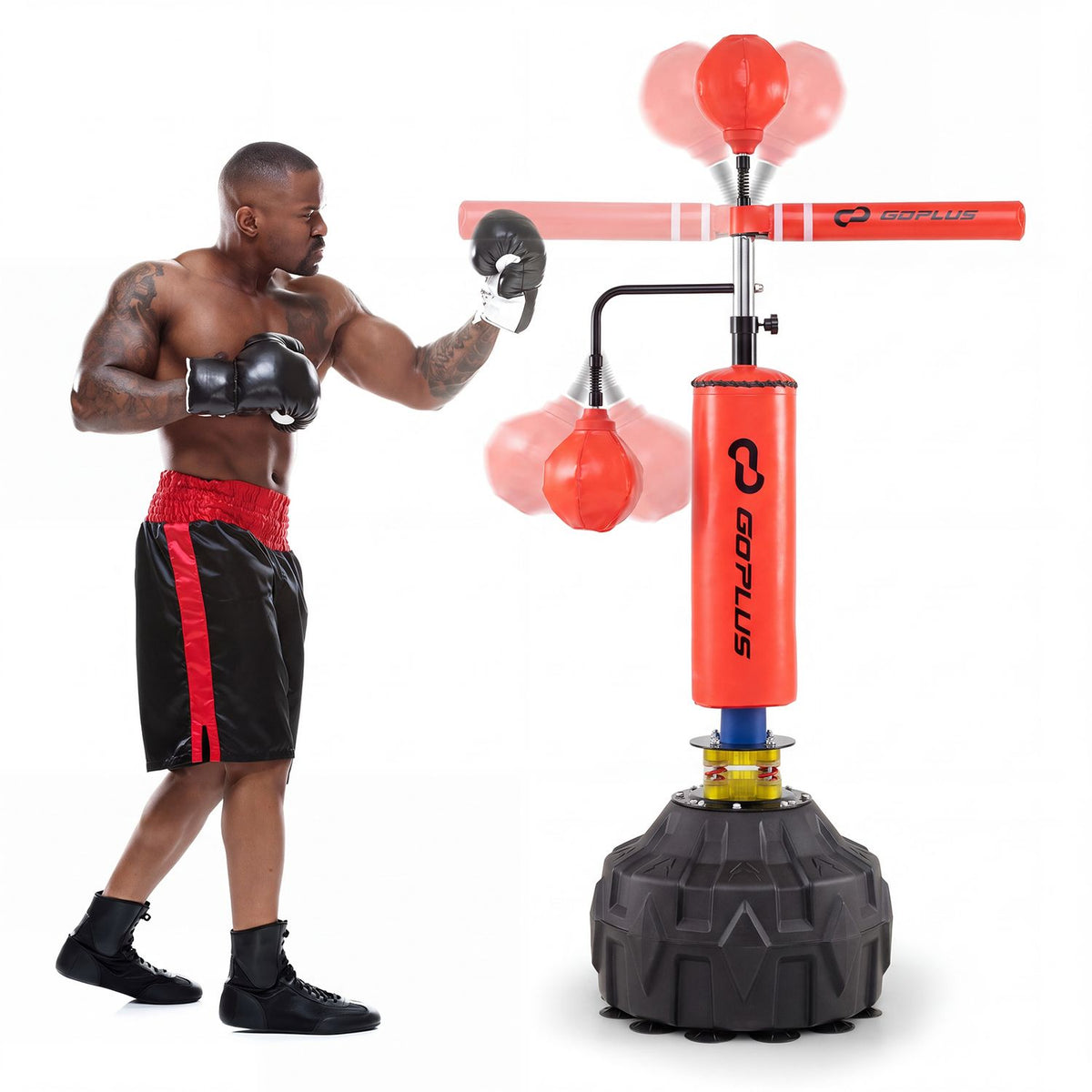 Freestanding red punching bag with 360° rotating bar and dual speed balls for MMA reflex training, adjustable height, by Wilsons.