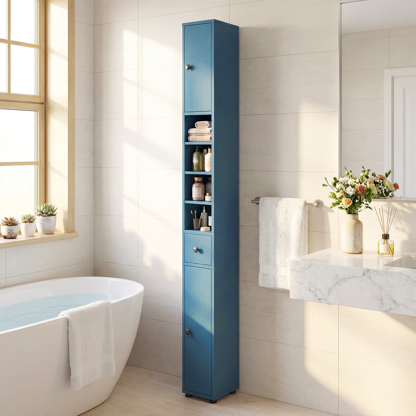 Freestanding Slim Bathroom Cabinet with Drawer and Adjustable Shelves-Blue