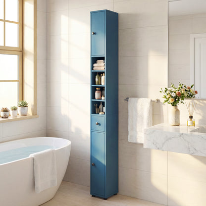 Freestanding Slim Bathroom Cabinet with Drawer and Adjustable Shelves-Blue