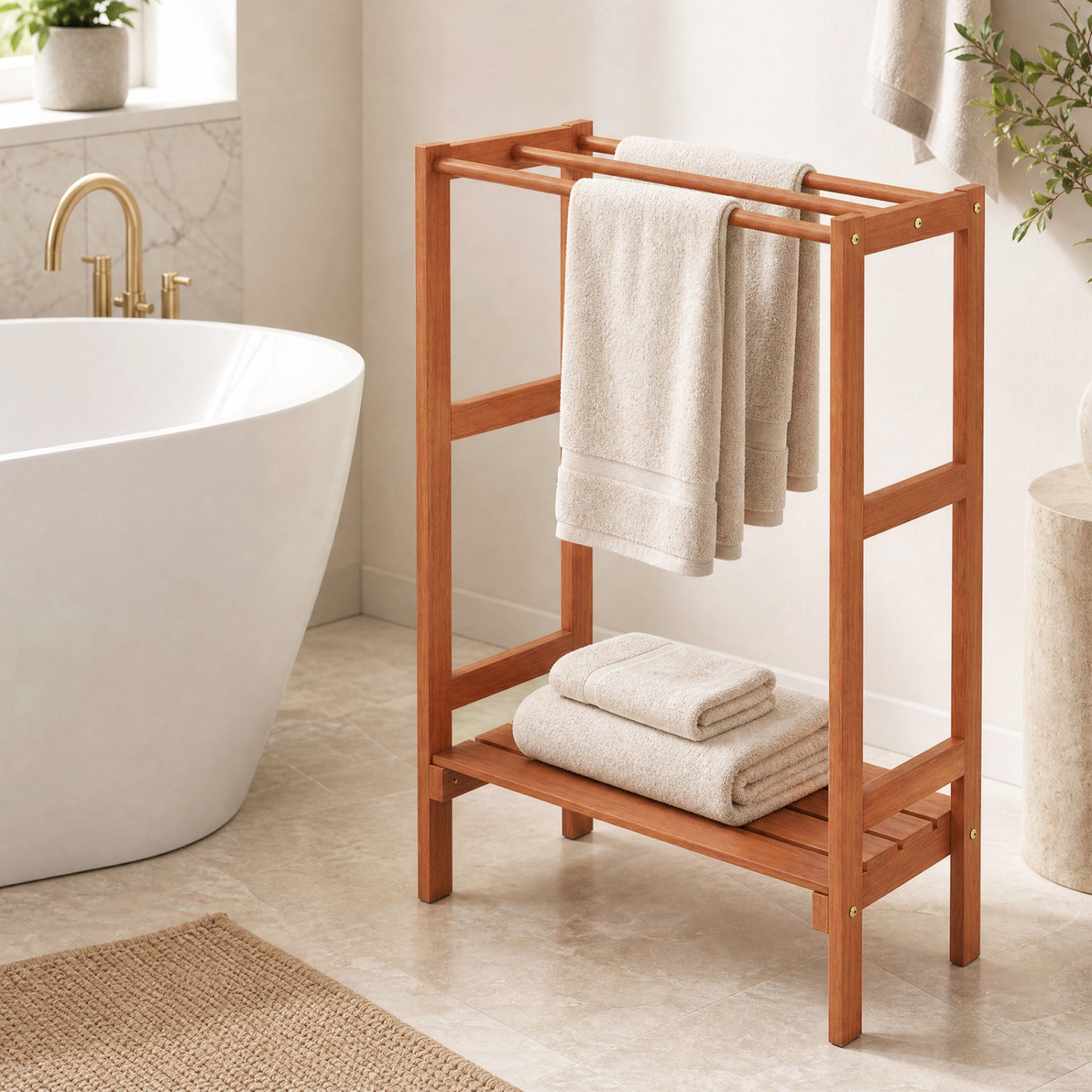 Freestanding Towel Rack with 3 Hanging Bars & Bottom Shelf for Bathroom Laundry