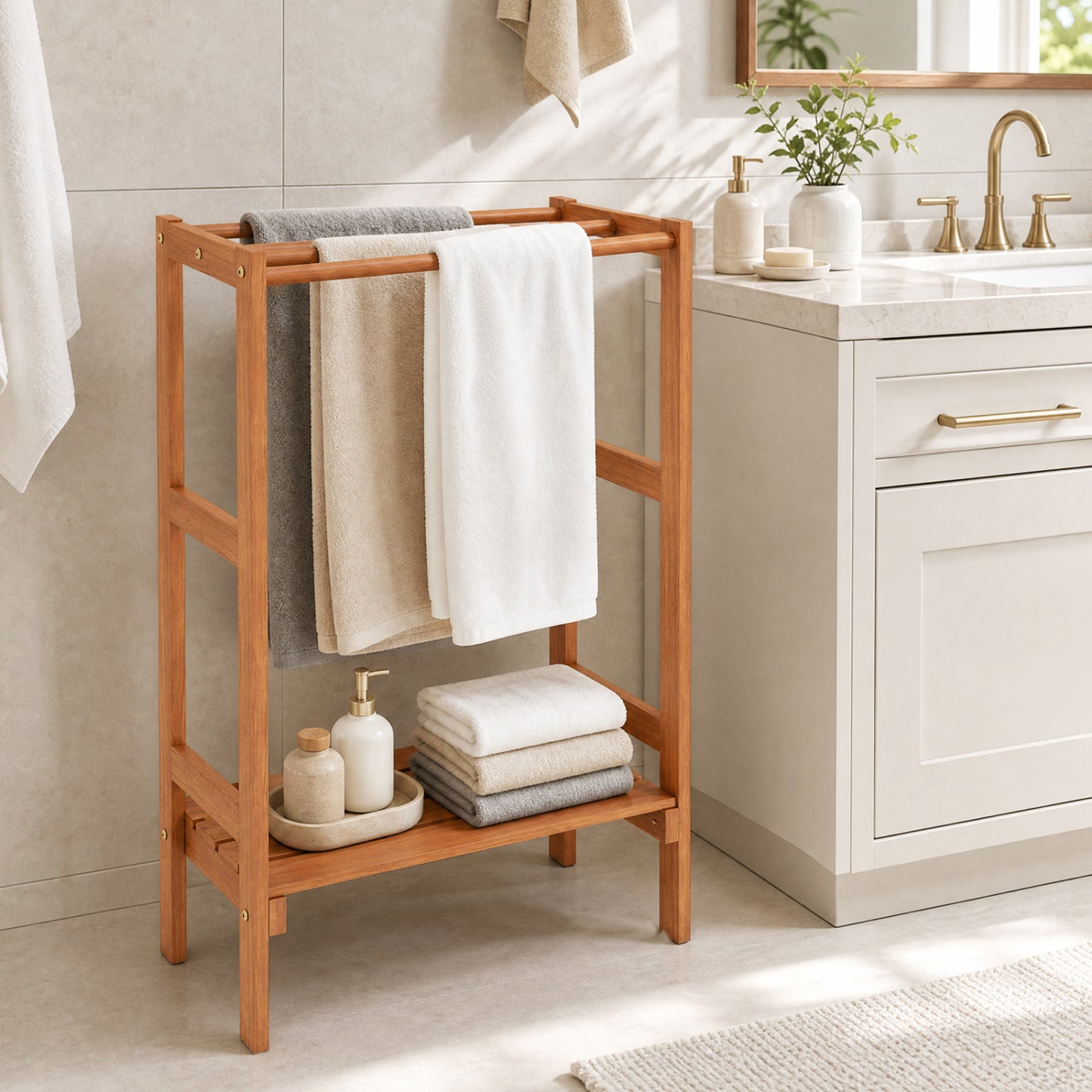 Freestanding Towel Rack with 3 Hanging Bars & Bottom Shelf for Bathroom Laundry