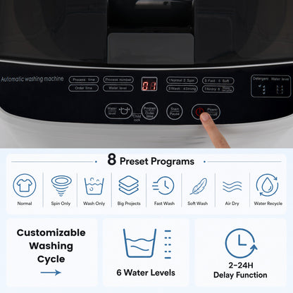 Full Automatic Washing Machine with 8 Preset Programs 6 Water Levels and Built-in Drain Pump-Gray