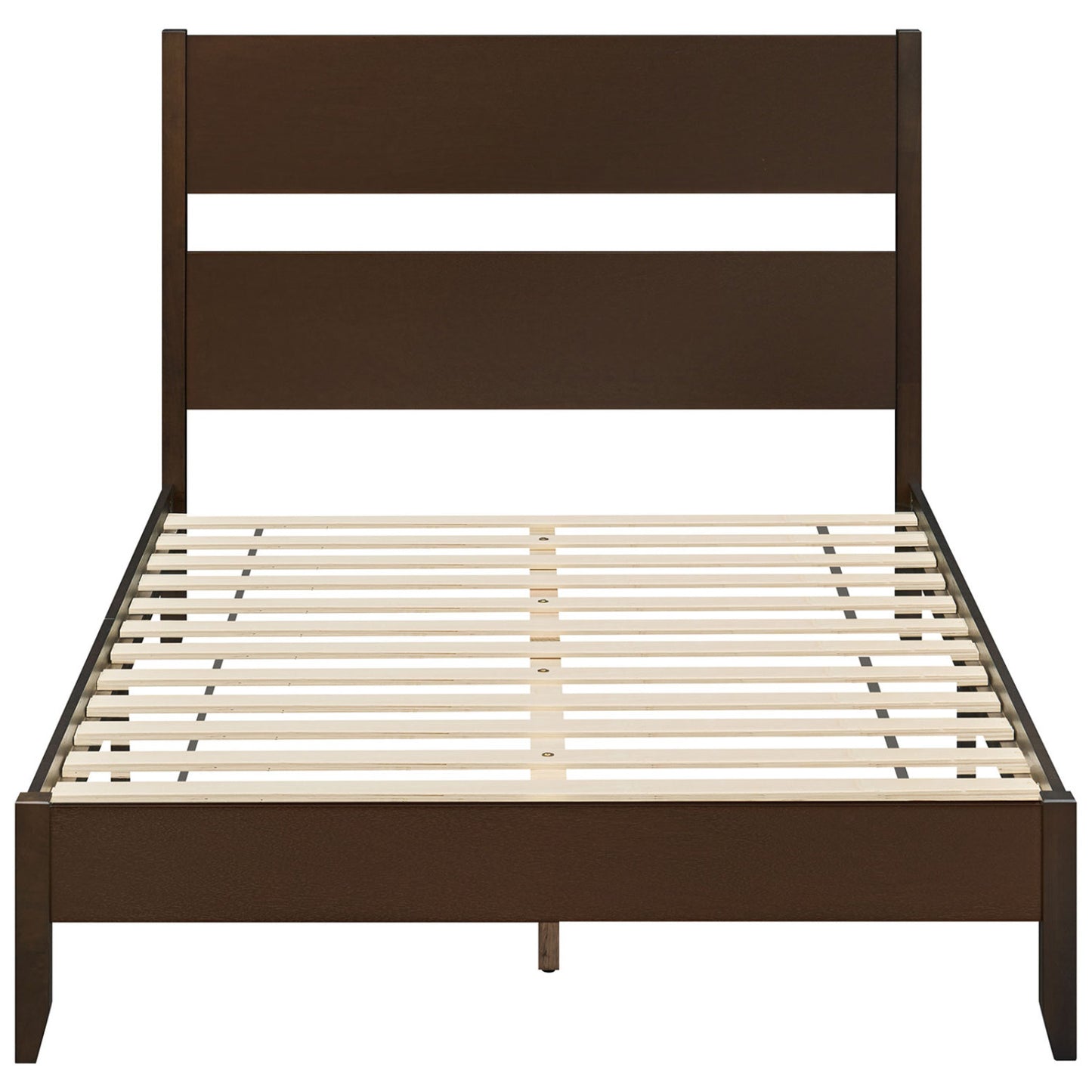 Full Bed Frame with Headboad and Solid Wood Legs 12 Slats-Warm Brown