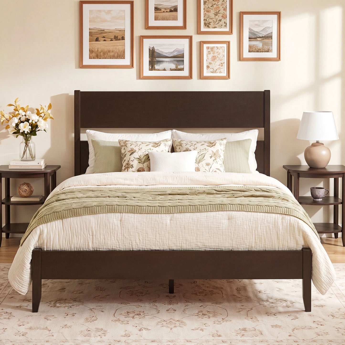 Full Bed Frame with Headboad and Solid Wood Legs 12 Slats-Warm Brown