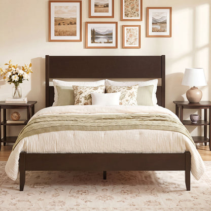 Full Bed Frame with Headboad and Solid Wood Legs 12 Slats-Warm Brown