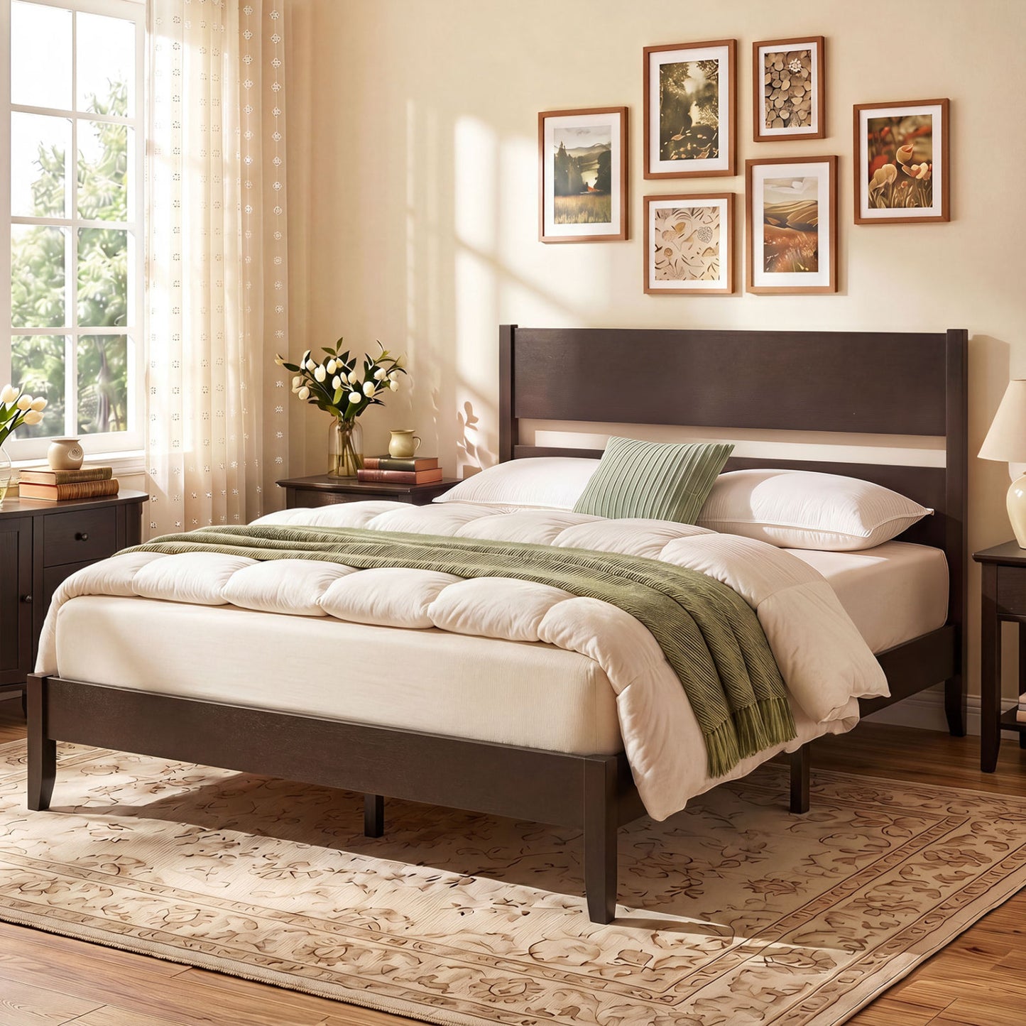 Full Bed Frame with Headboad and Solid Wood Legs 12 Slats-Warm Brown
