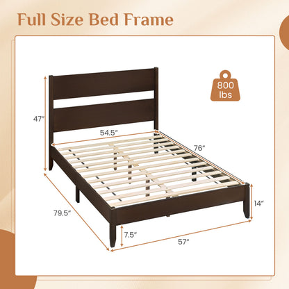 Full Bed Frame with Headboad and Solid Wood Legs 12 Slats-Warm Brown
