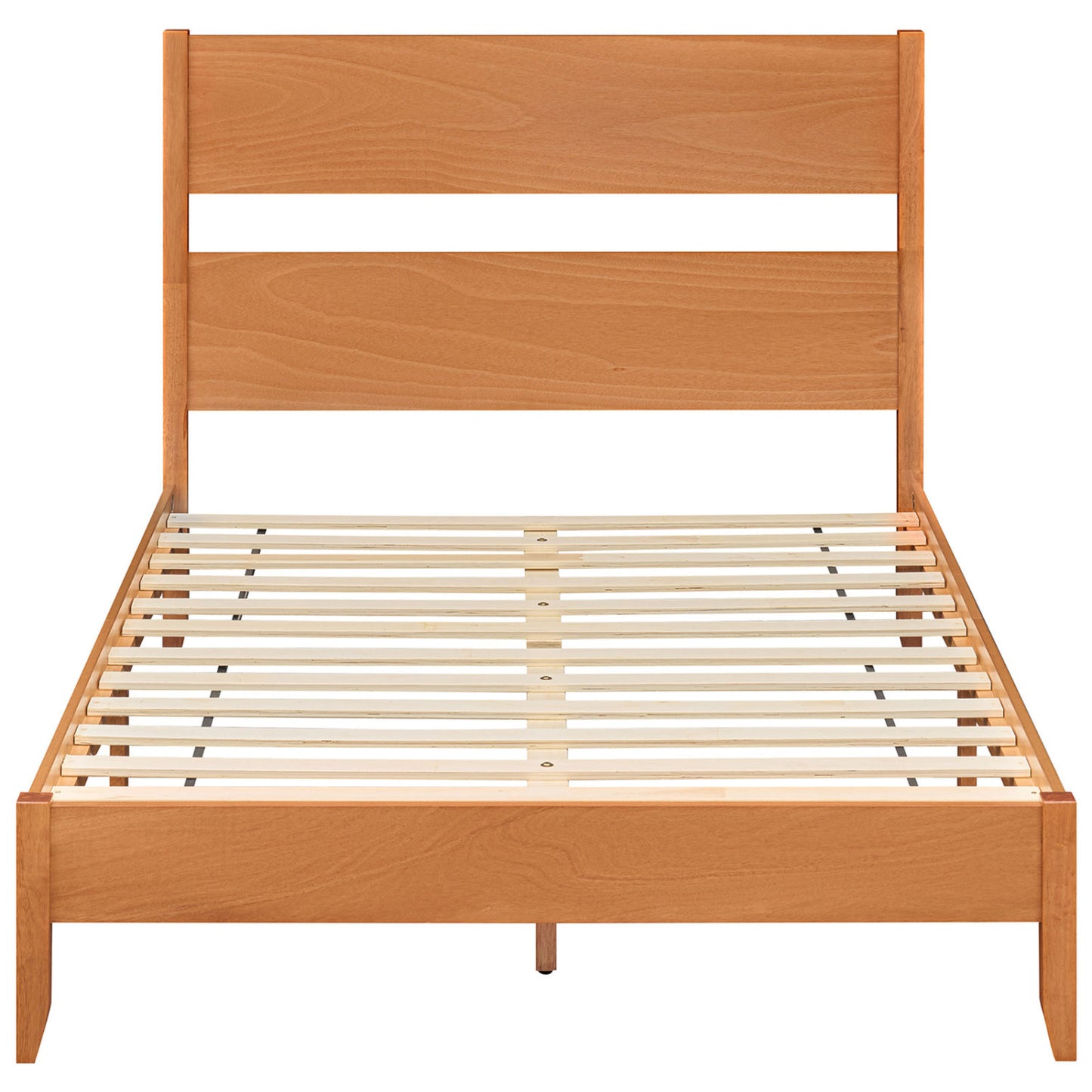Full Bed Frame with Headboad and Solid Wood Legs 12 Slats-Warm Brown