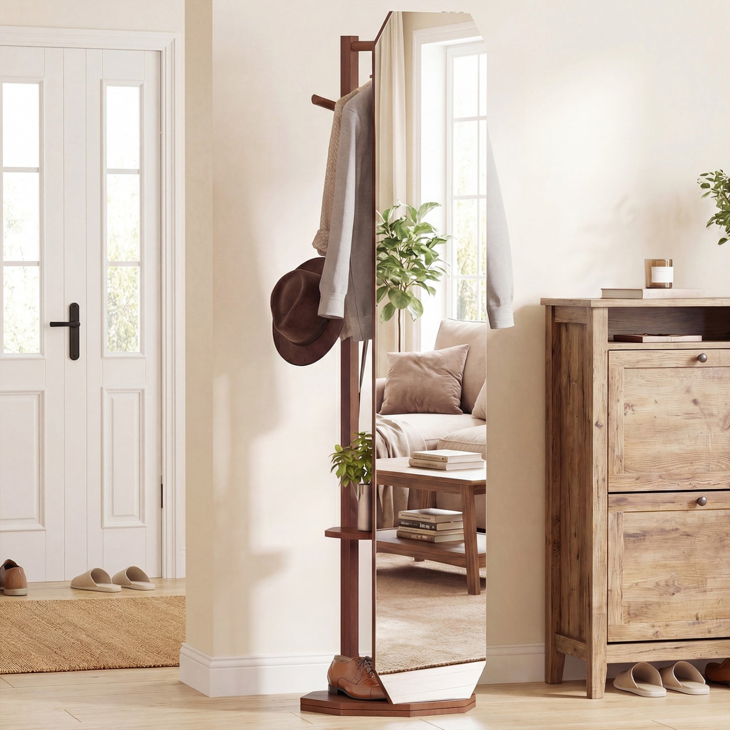 Full Length Mirror Coat Rack with Clothes Hanger for Bedroom-Walnut