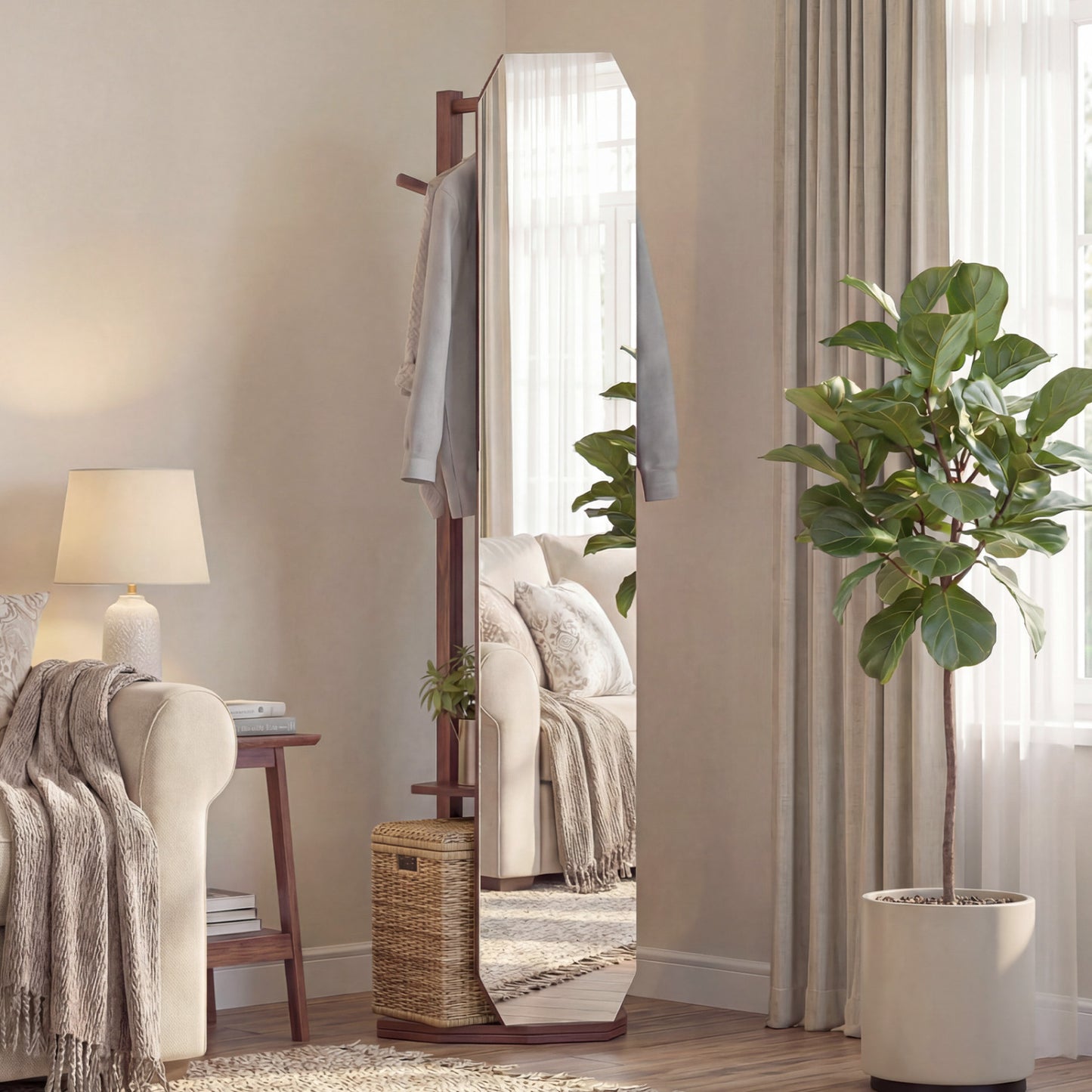 Full Length Mirror Coat Rack with Clothes Hanger for Bedroom-Walnut