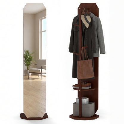 Full Length Mirror Coat Rack with Clothes Hanger for Bedroom-Walnut