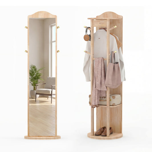 Full Length Mirror Coat Rack with Storage Shelves and Hooks-Natural