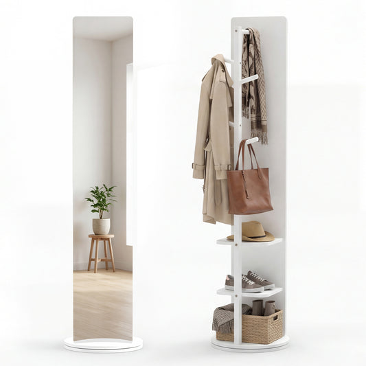 Full Length Mirror Coat Rack Swivel Floor Mirror for Bedroom-White
