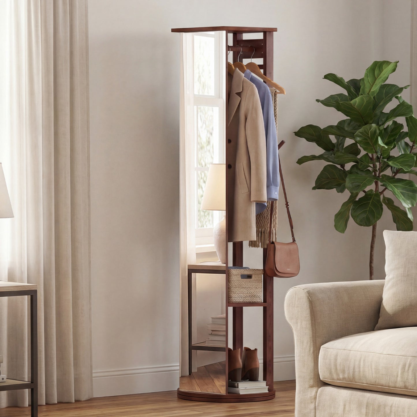 Full Length Mirror Coat Rack Solid Wood Standing Mirror-Walnut