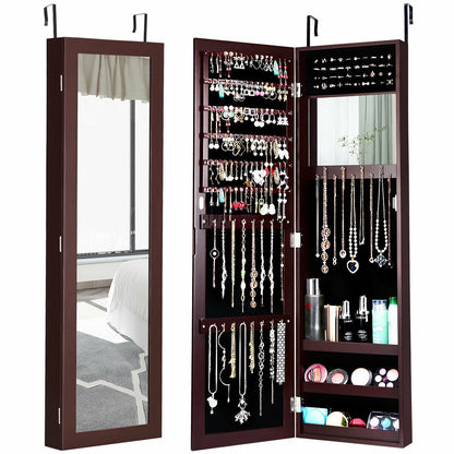 Full Length Mirror Jewelry Cabinet with Ring Slots and Necklace Hooks-Black