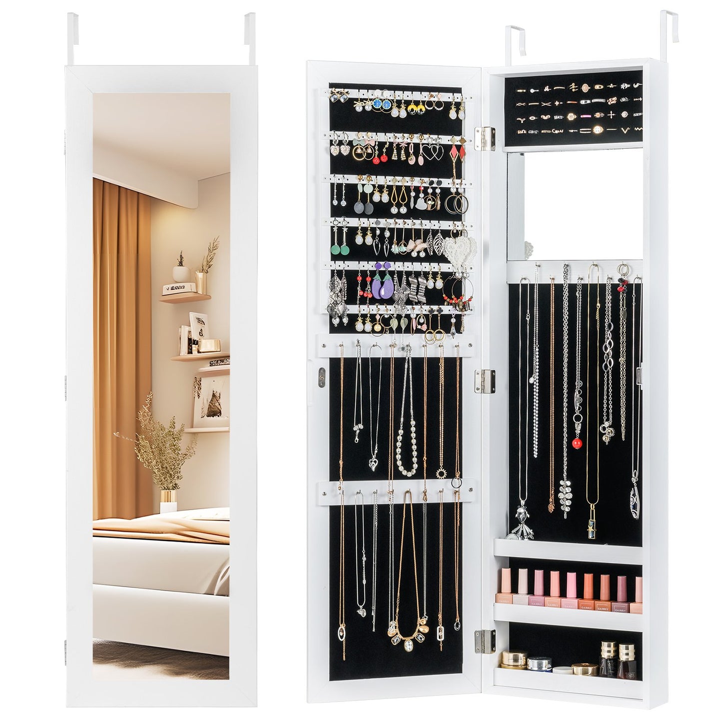 Full Length Mirror Jewelry Cabinet with Ring Slots and Necklace Hooks-Black