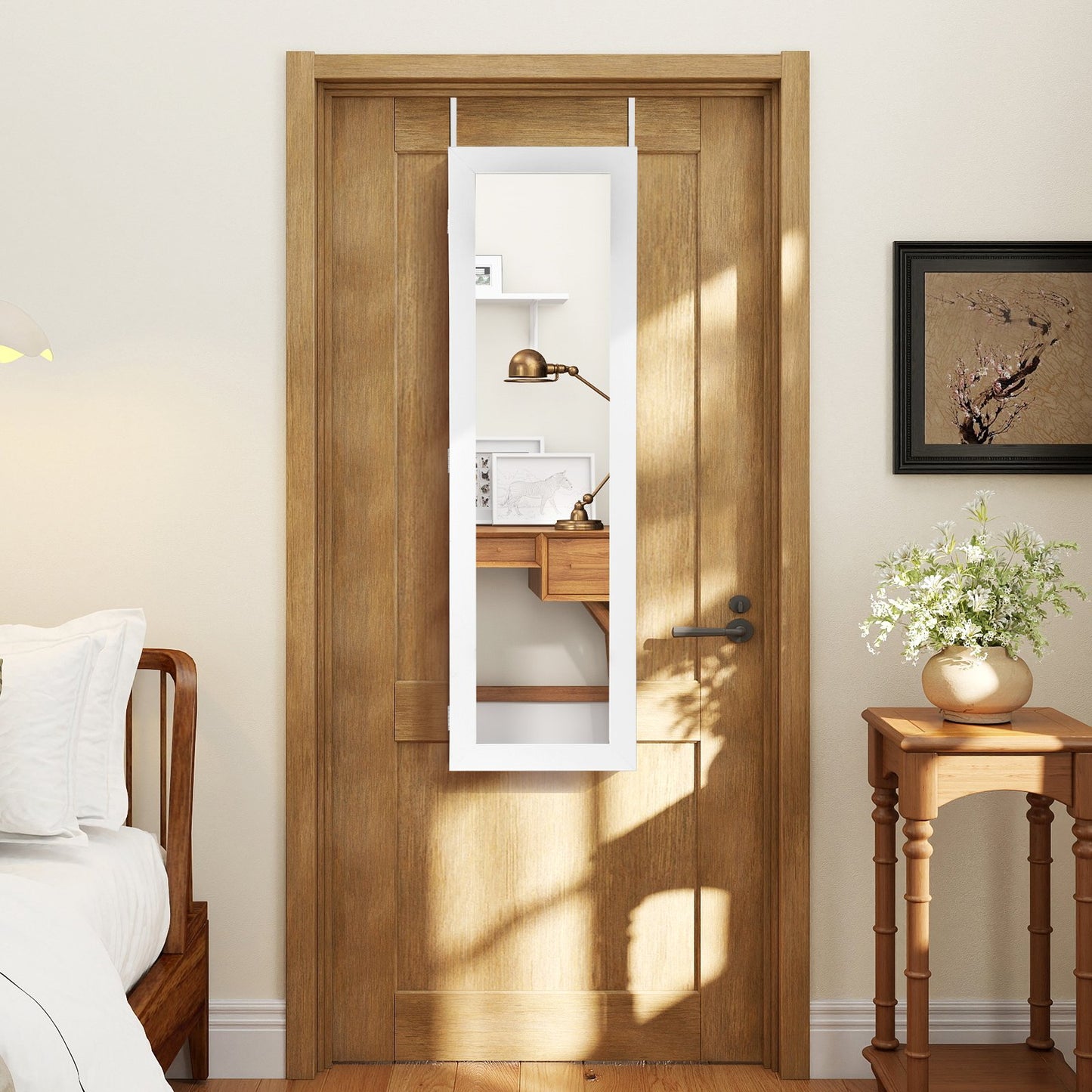 Full Length Mirror Jewelry Cabinet with Ring Slots and Necklace Hooks-Black